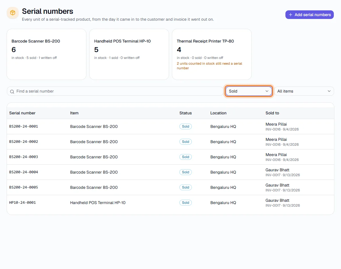 Serial Numbers - See everything that has been sold