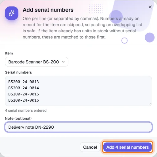 Serial Numbers - 2 · Add one or many serial numbers