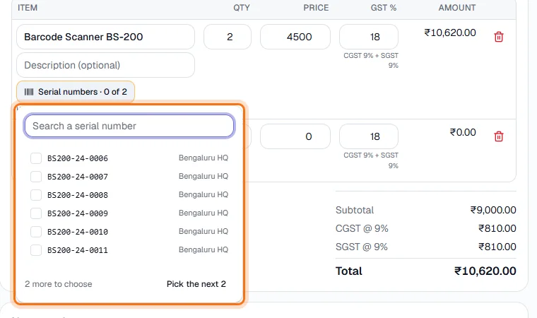 Serial Numbers - Pick the units