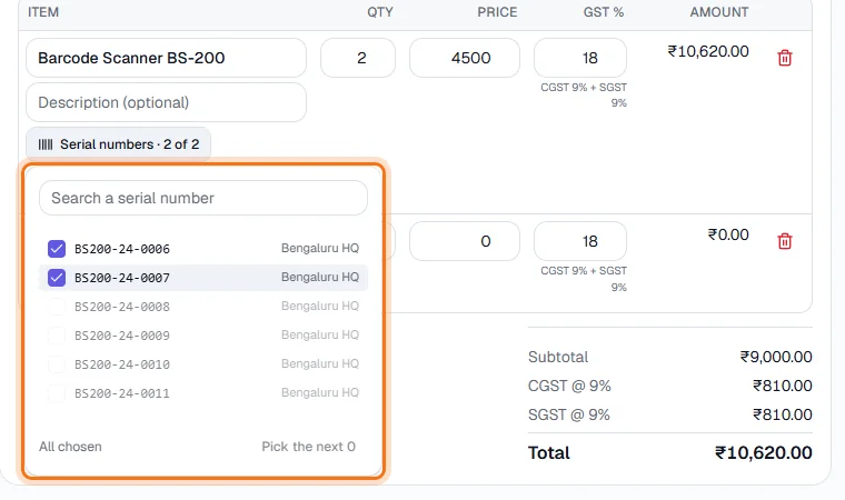 Serial Numbers - You cannot choose more than the quantity
