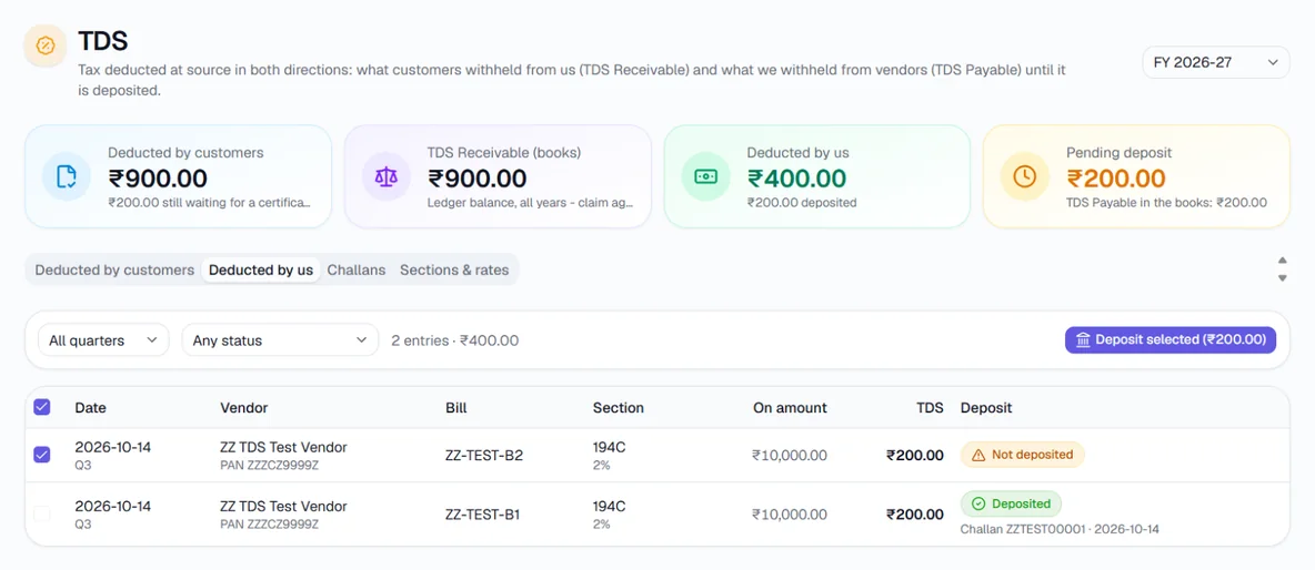 TDS - Deposit TDS - select the deductions