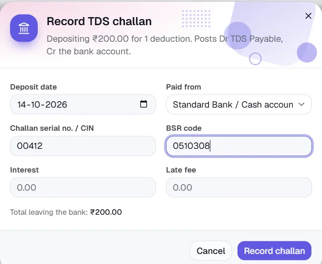 TDS - Deposit TDS - record the challan
