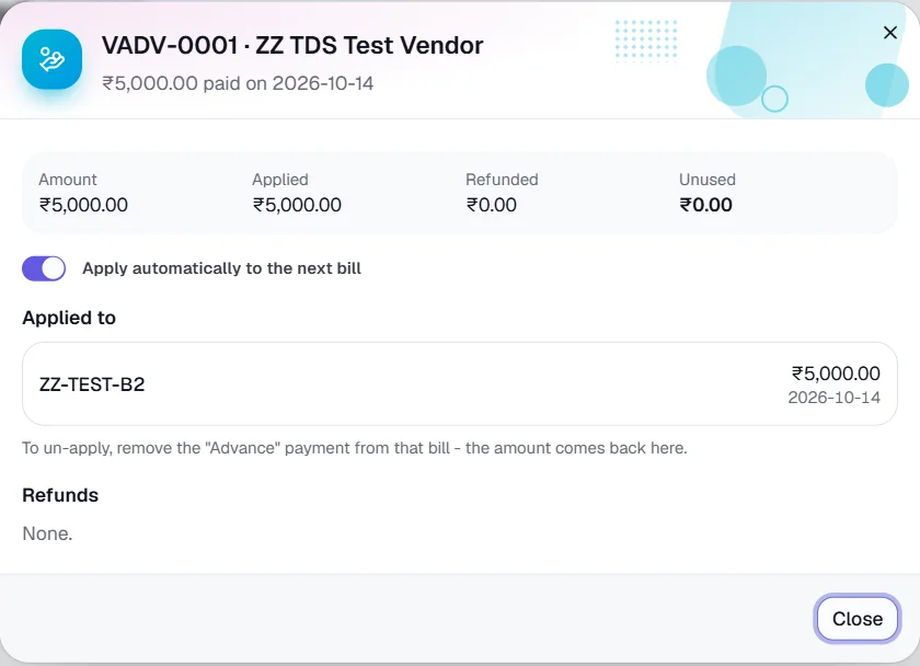 Vendor Advances - Check the advance