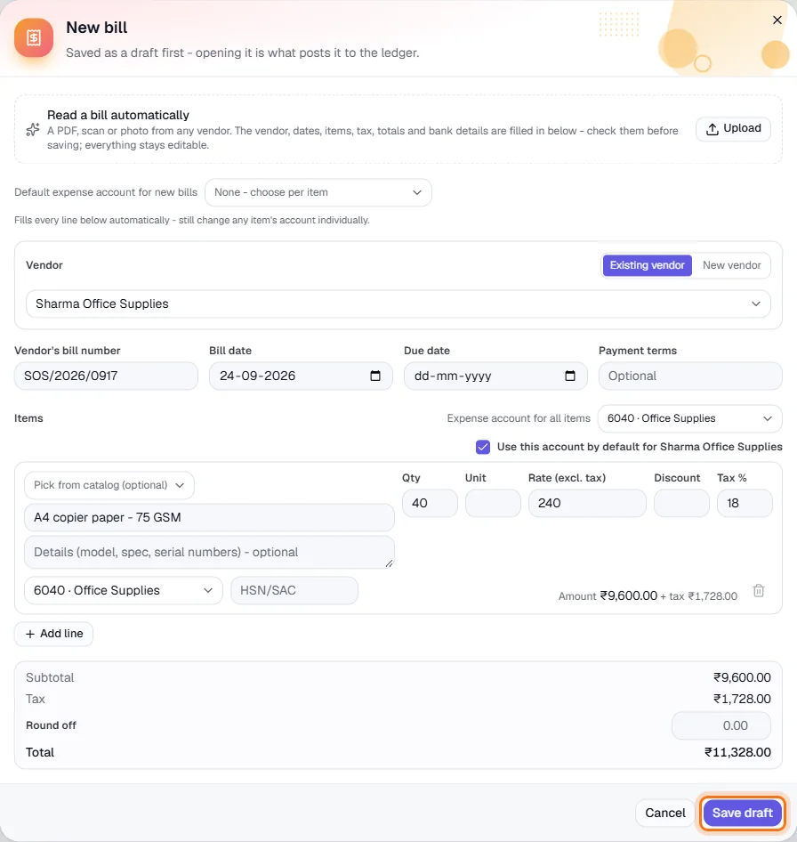 Bills - Choose the vendor and enter the bill