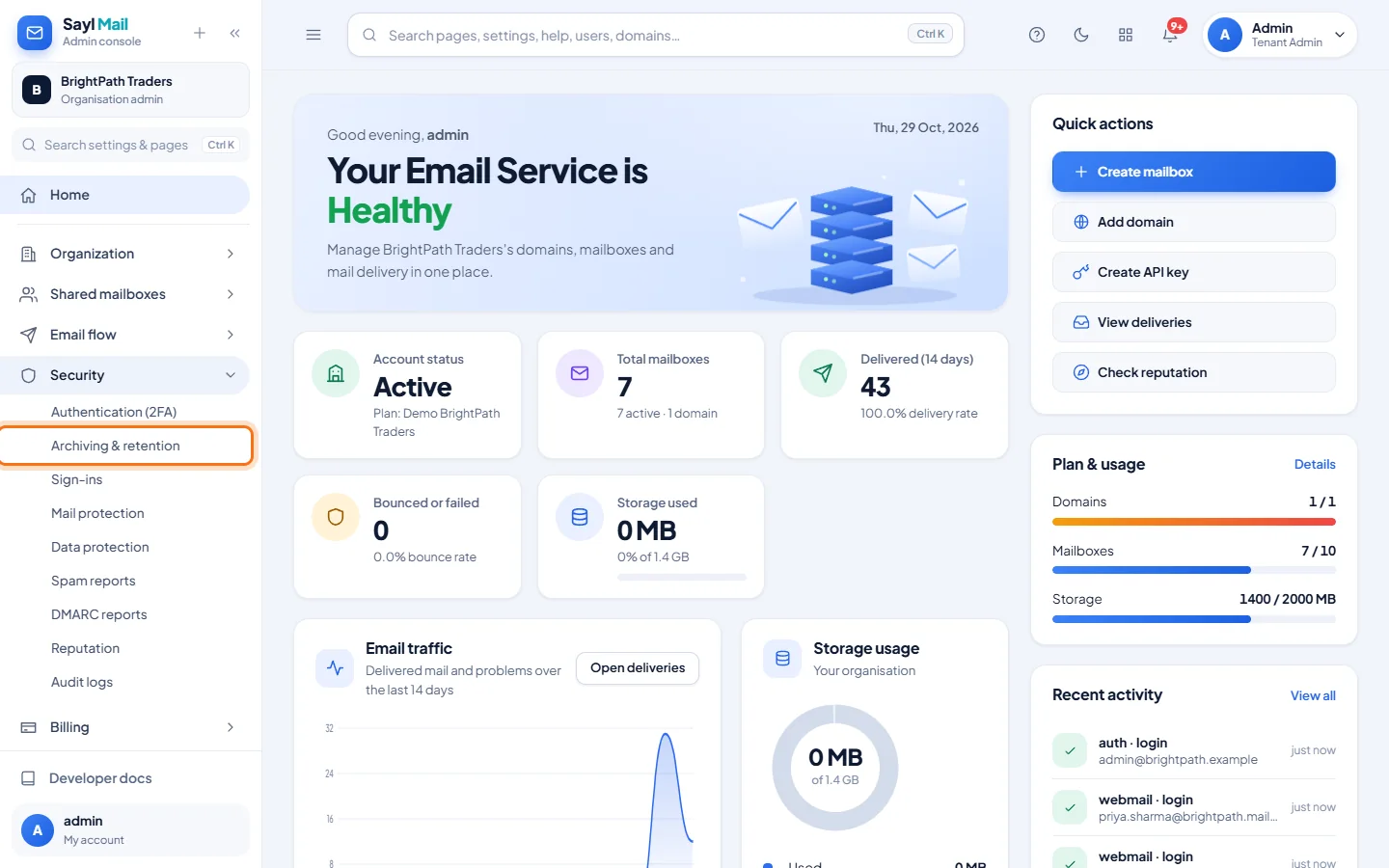 Archiving and retention: Open Security → Archiving & retention