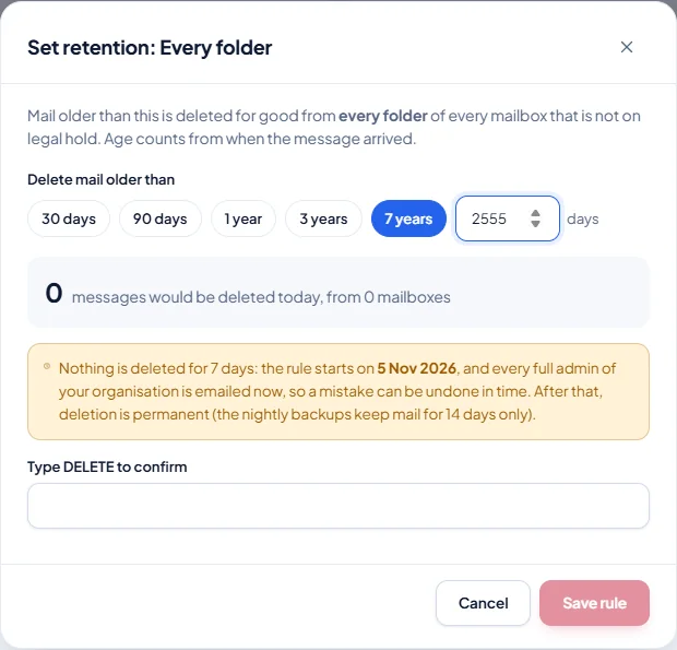 Archiving and retention: Choose the age and check the preview