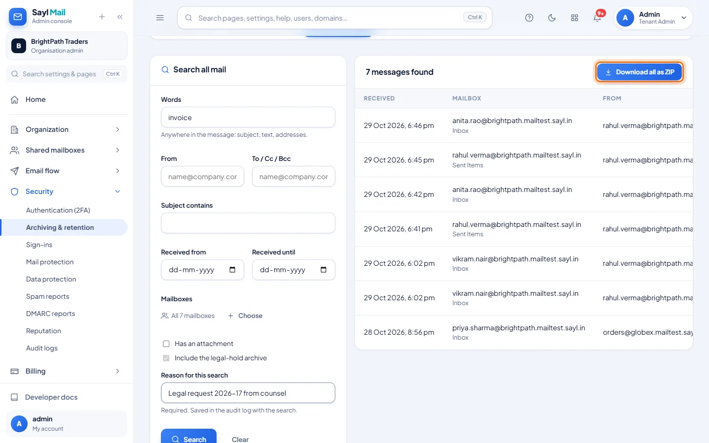 Archiving and retention: Search & export
