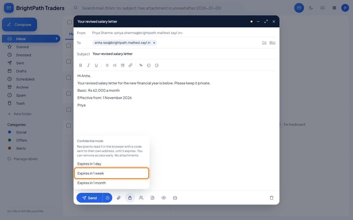 Confidential mode: Write the message and click the lock icon