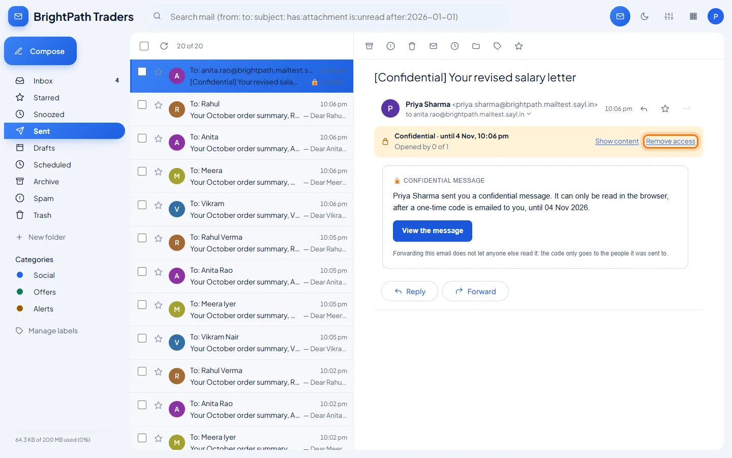 Confidential mode: Your copy shows the status and a Remove access button
