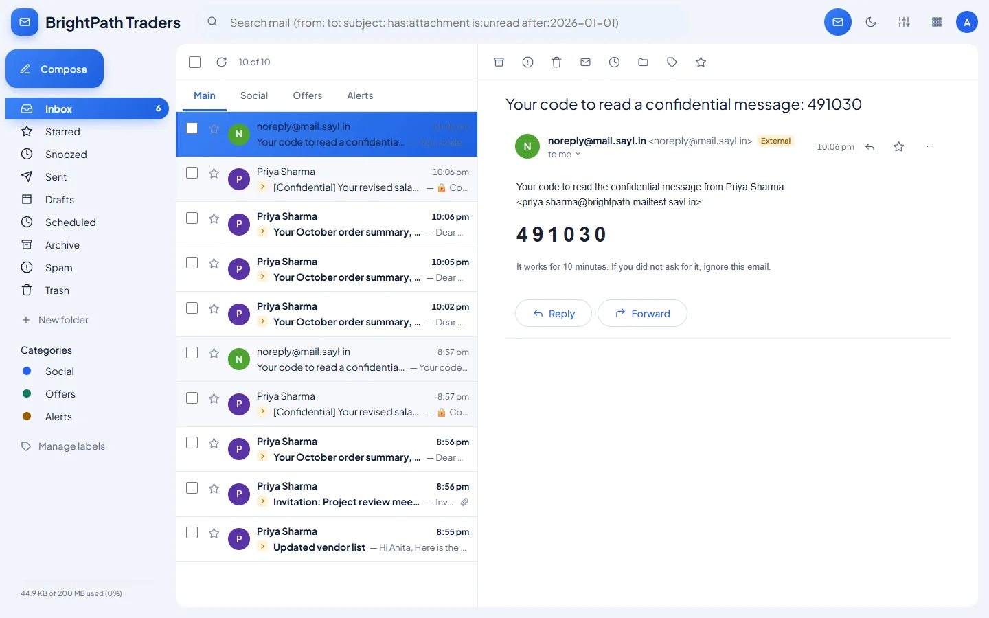 Confidential mode: A one-time code arrives by email