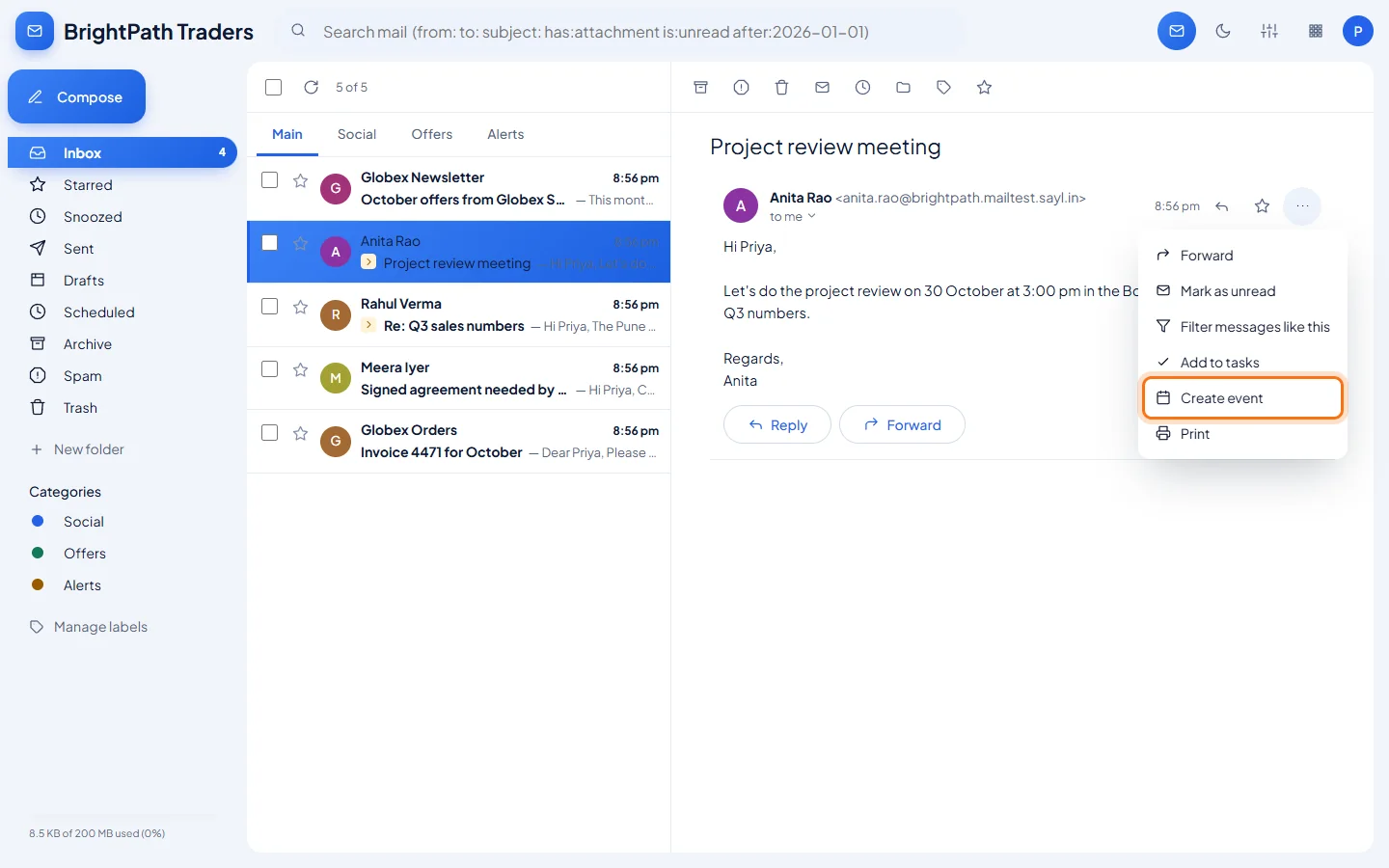 Email to calendar event: Open the email and click More actions