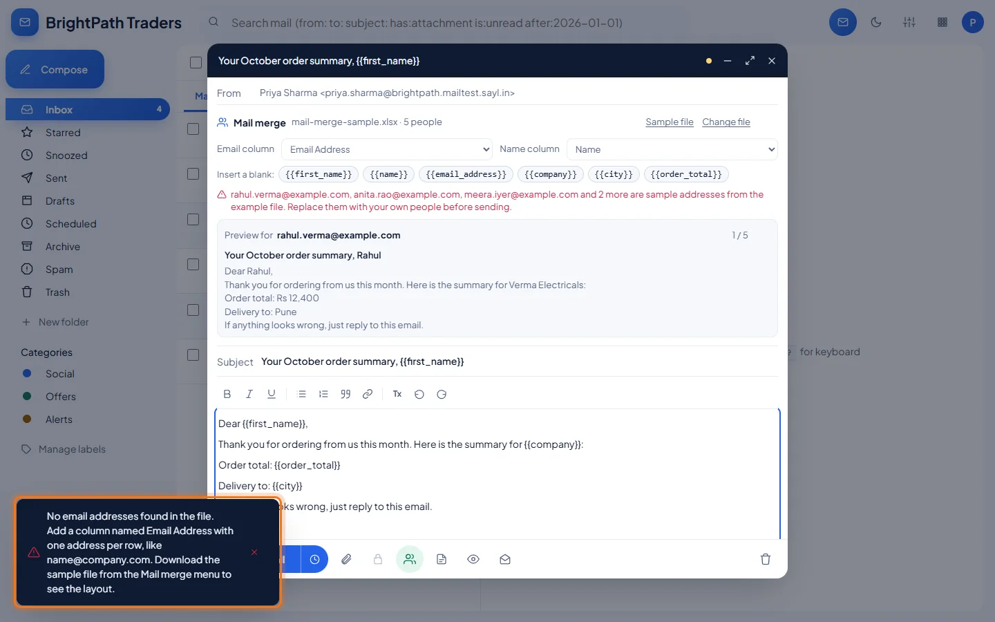 Mail merge: If the file can't be used, Sayl says why