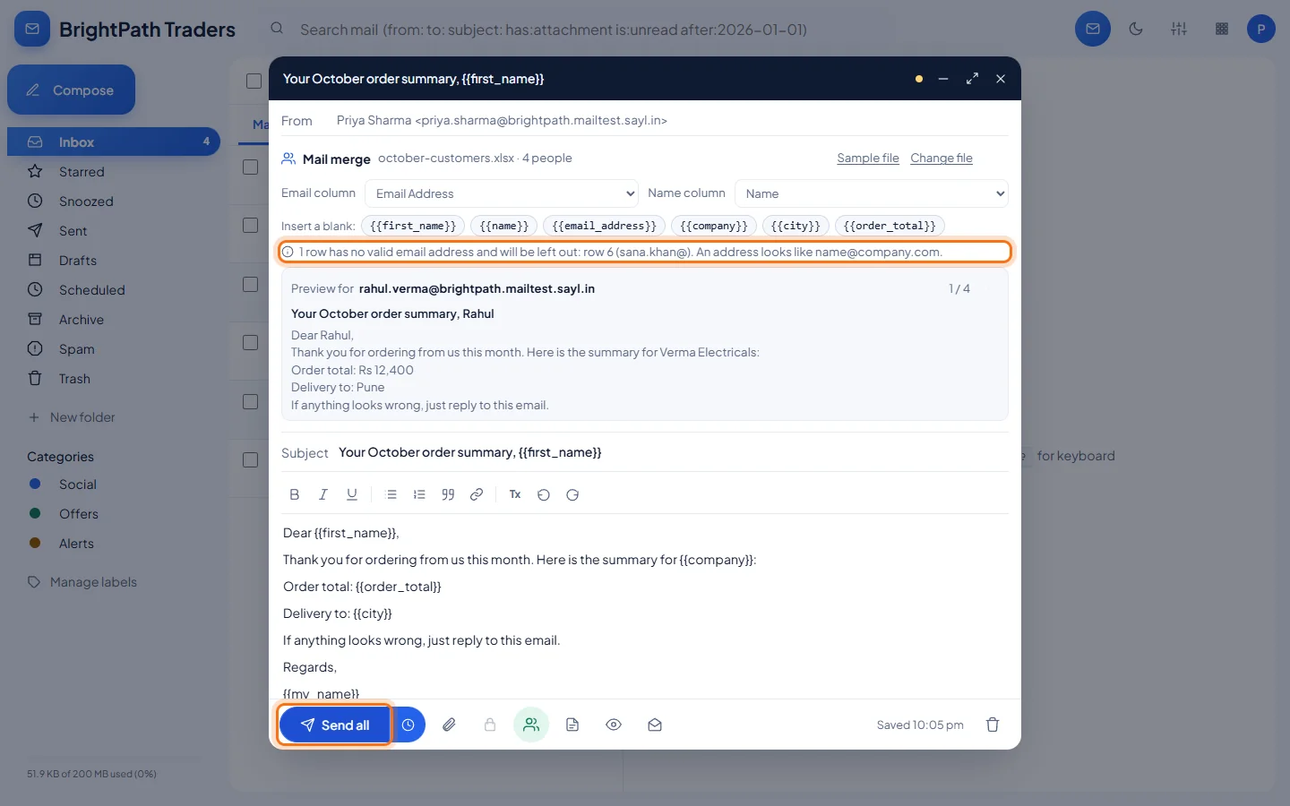 Mail merge: Choose your file and write the message