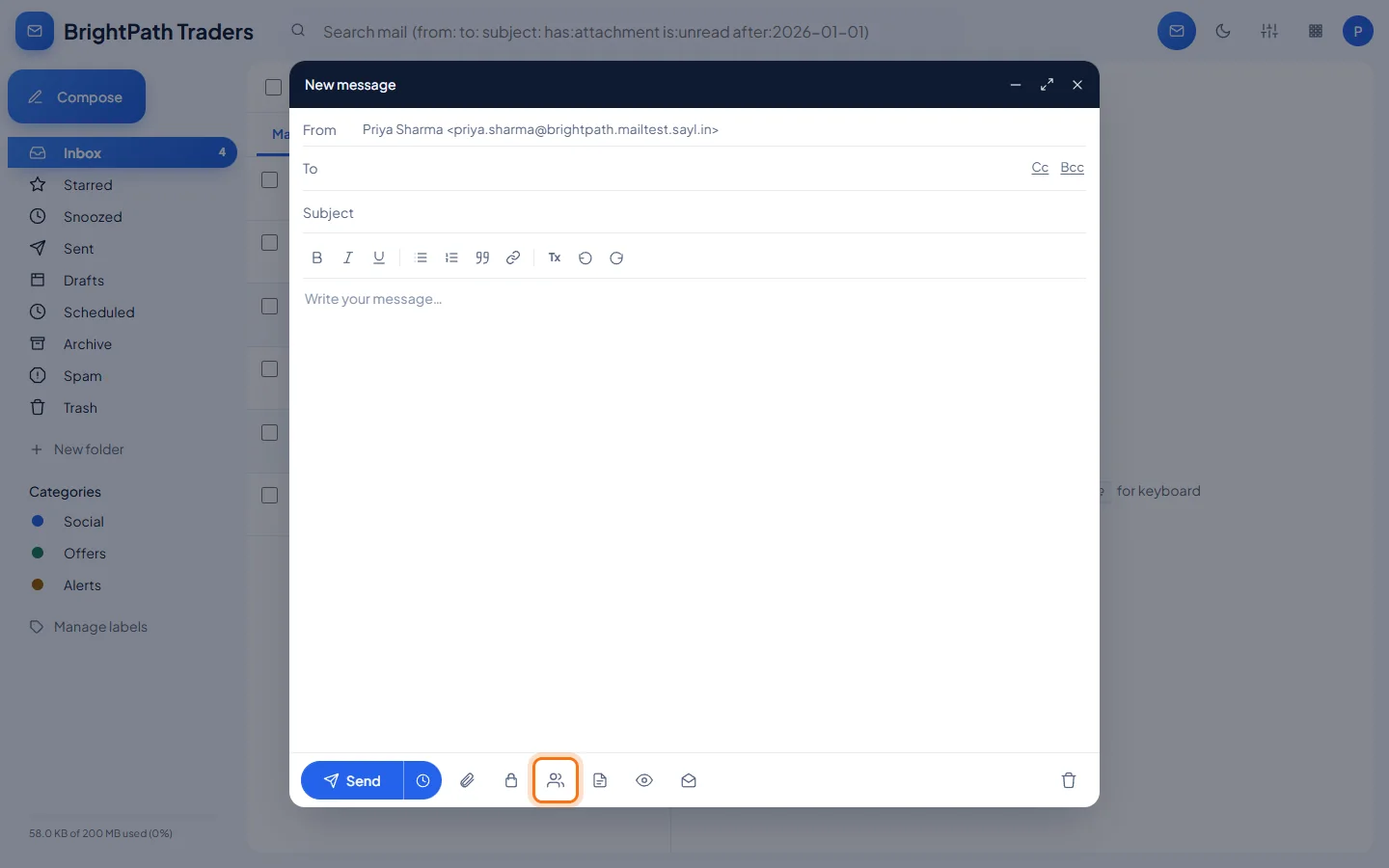 Mail merge: Start a new message and click the people icon