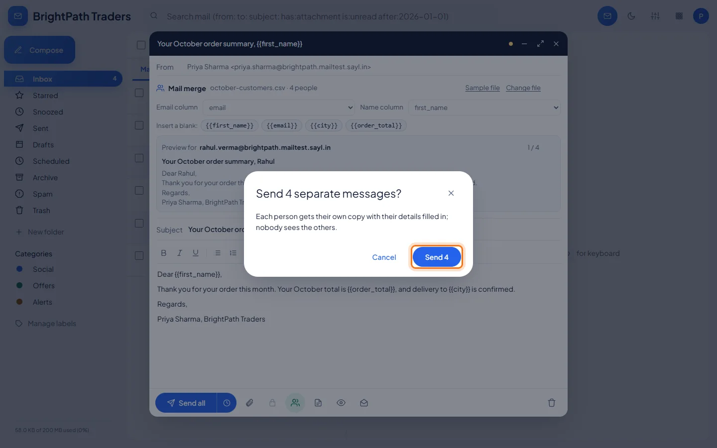 Mail merge: Send all, then confirm