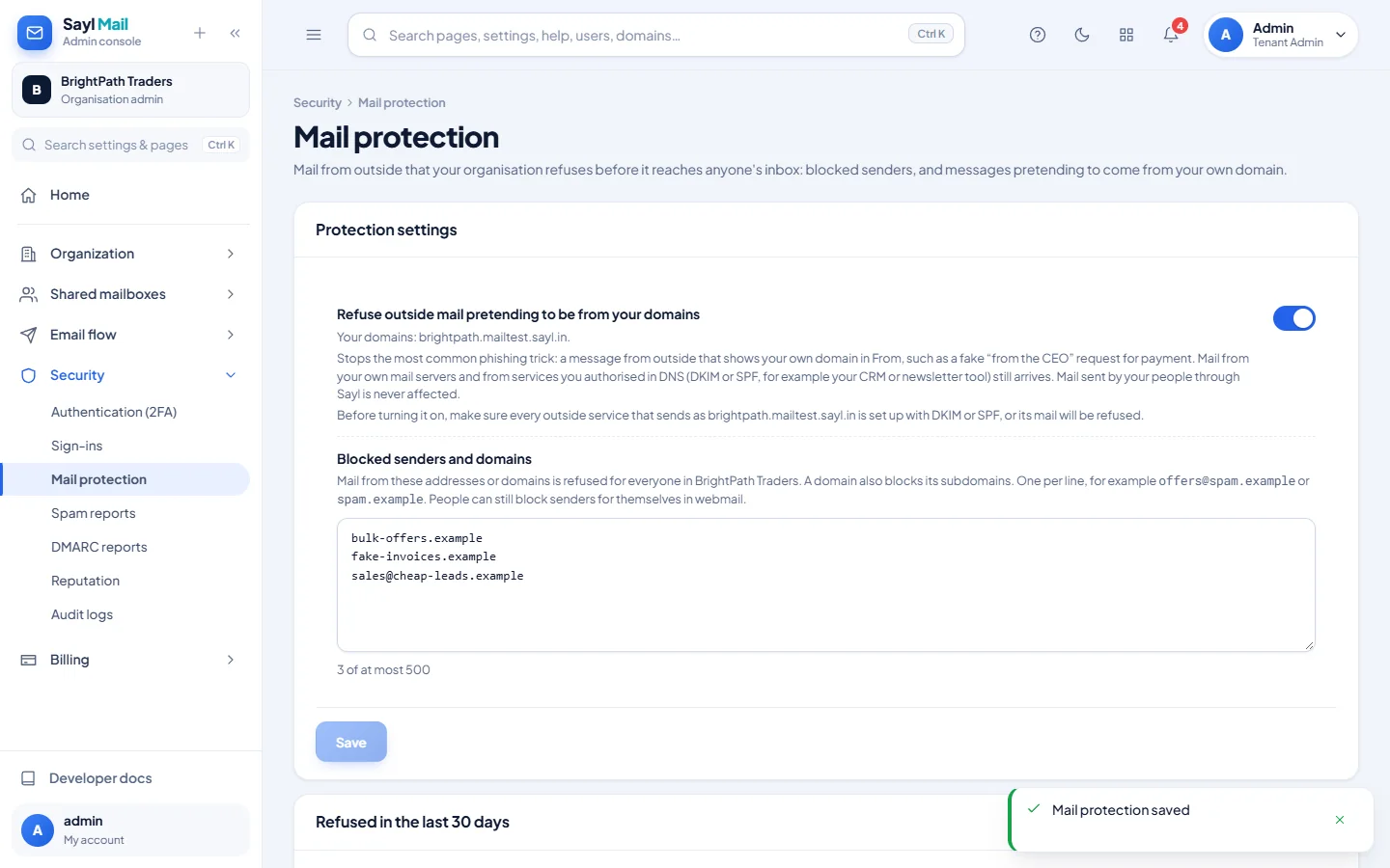 Mail protection: Settings saved