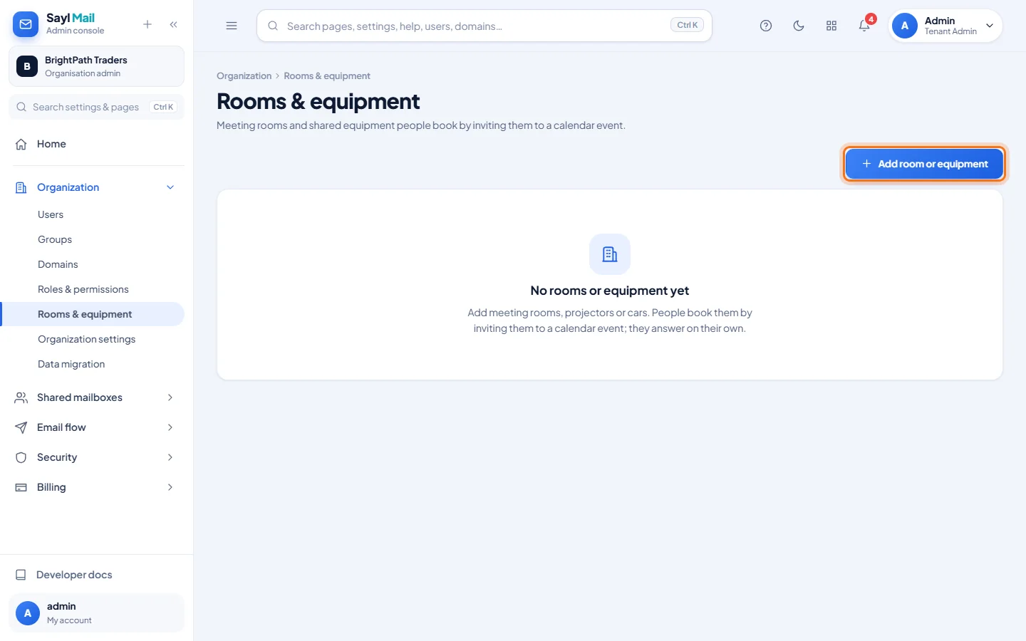 Rooms and equipment: Click Add room or equipment