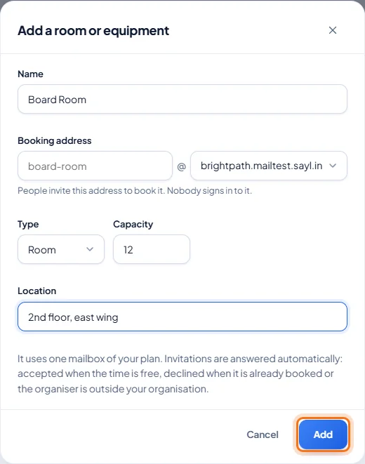 Rooms and equipment: Enter the room's details