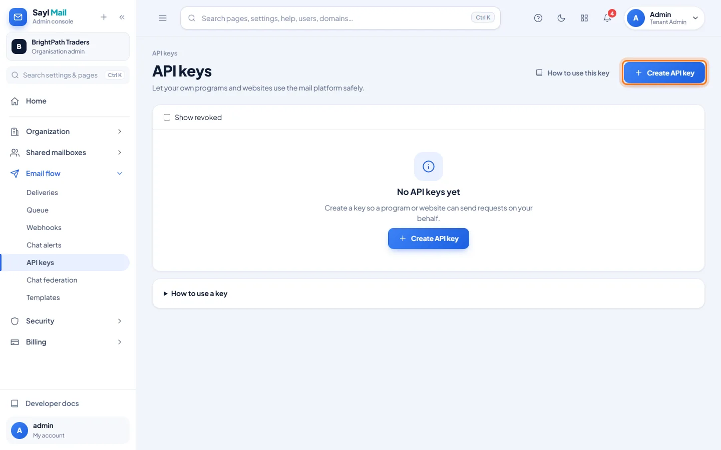 Directory sync (SCIM): Open API keys and click Create API key