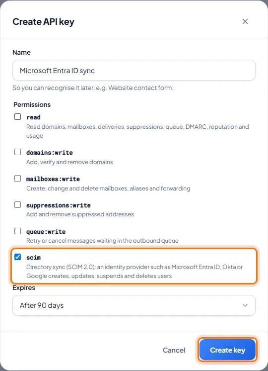 Directory sync (SCIM): Give the key only the scim permission
