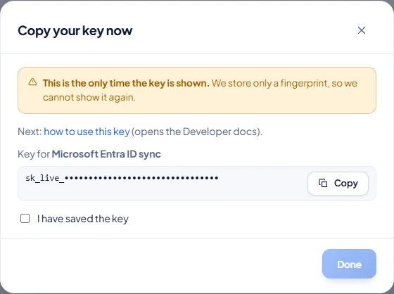 Directory sync (SCIM): Copy the key now
