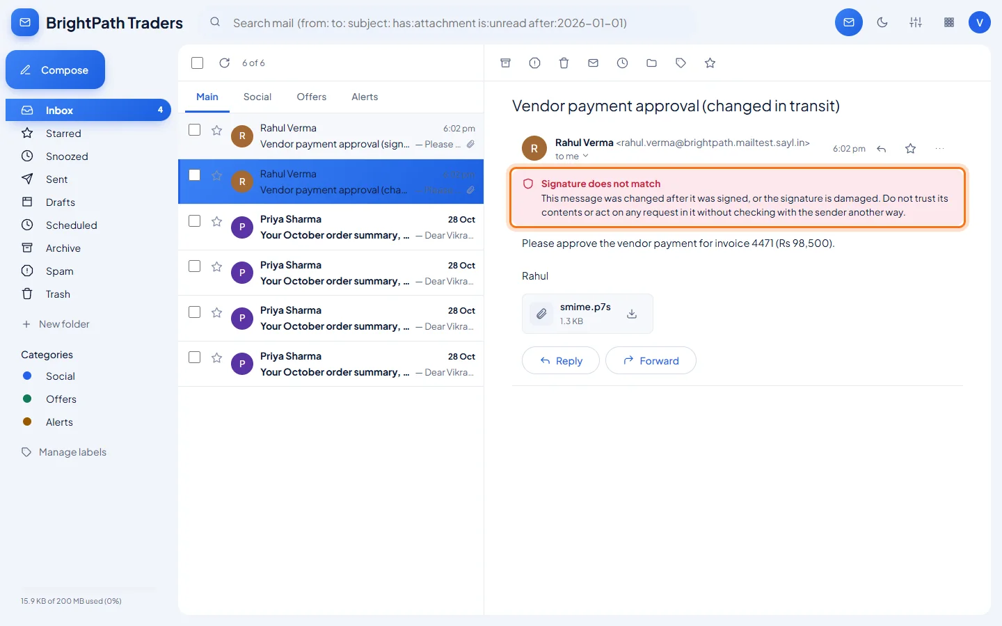 Signed and encrypted email: A red notice means the message was changed