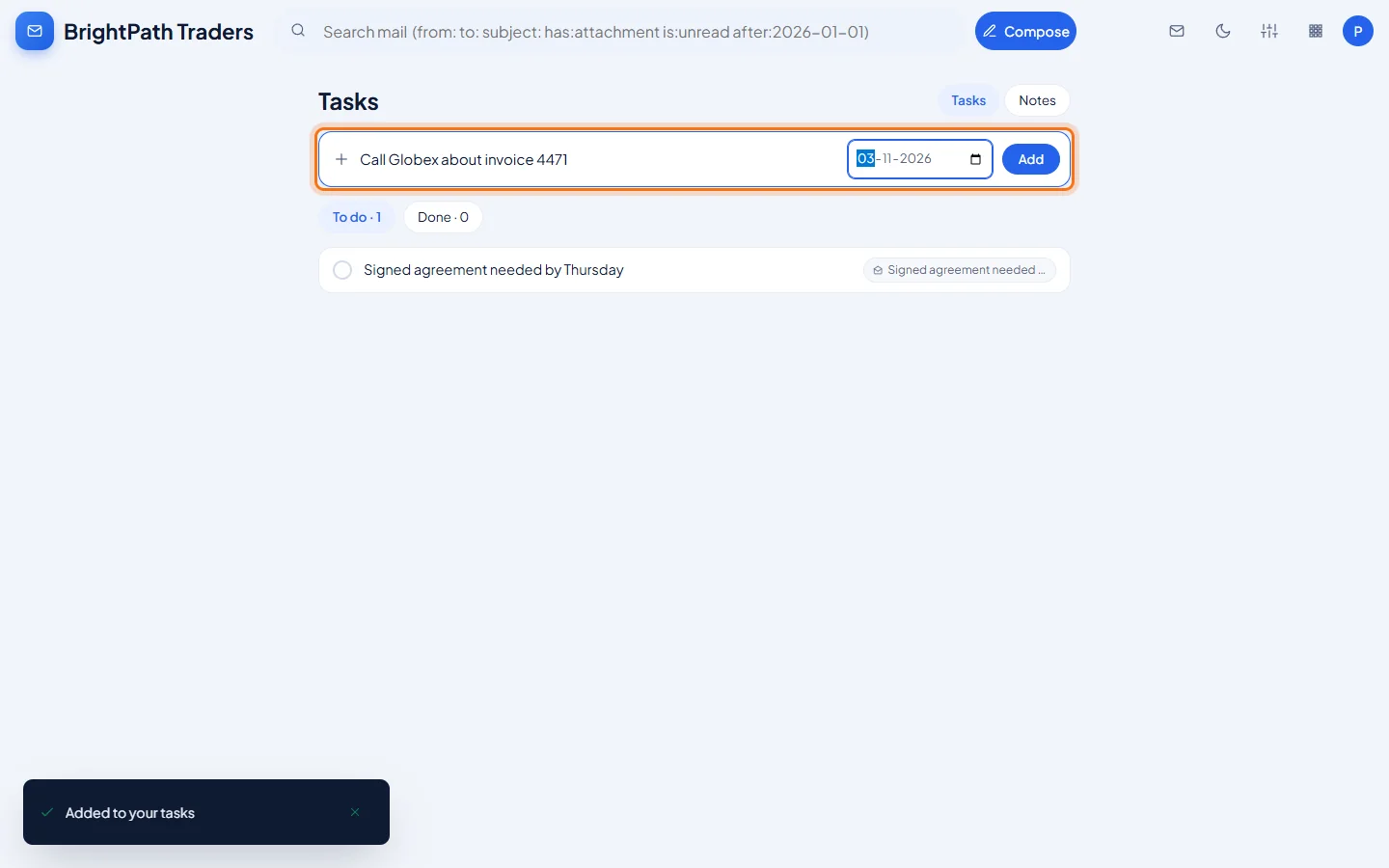 Tasks and notes: Add a task with a due date