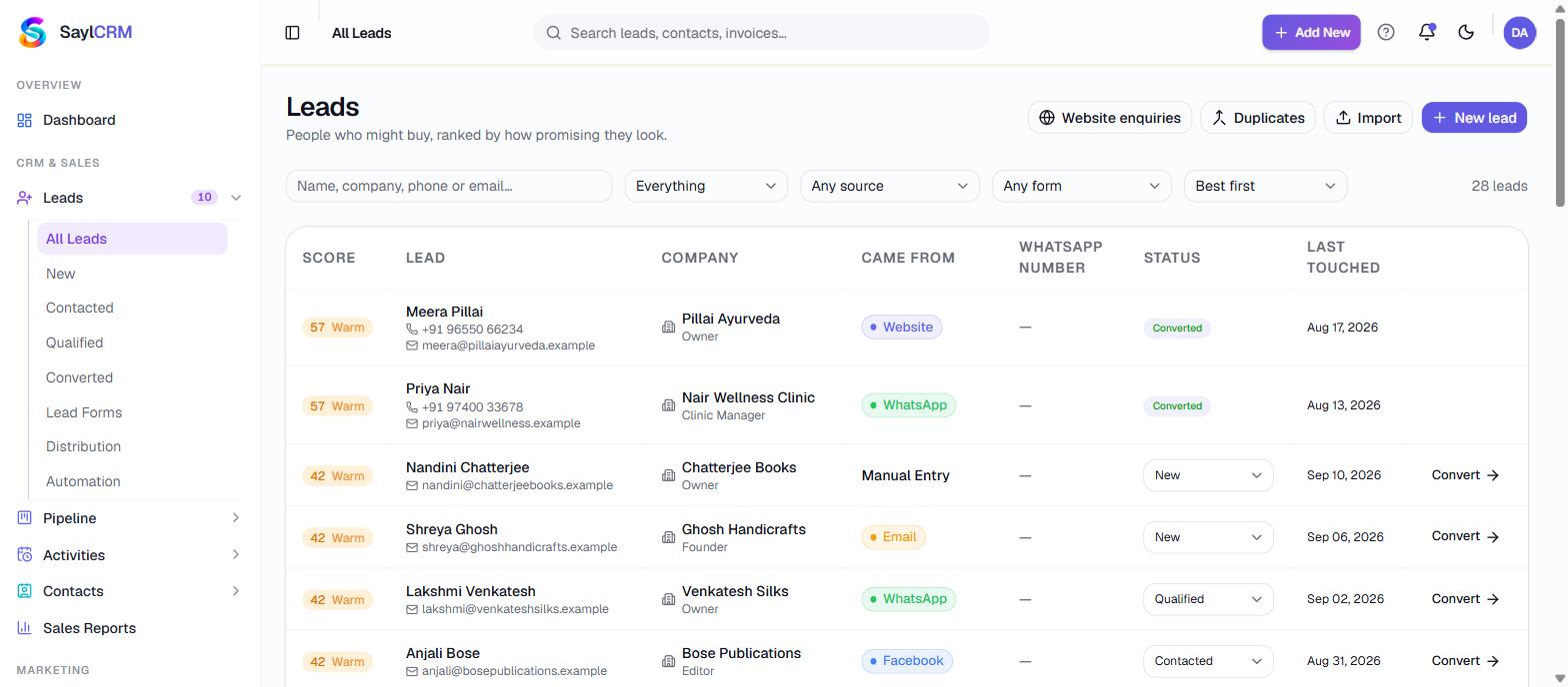 Real Sayl CRM lead list, showing lead score, source and status