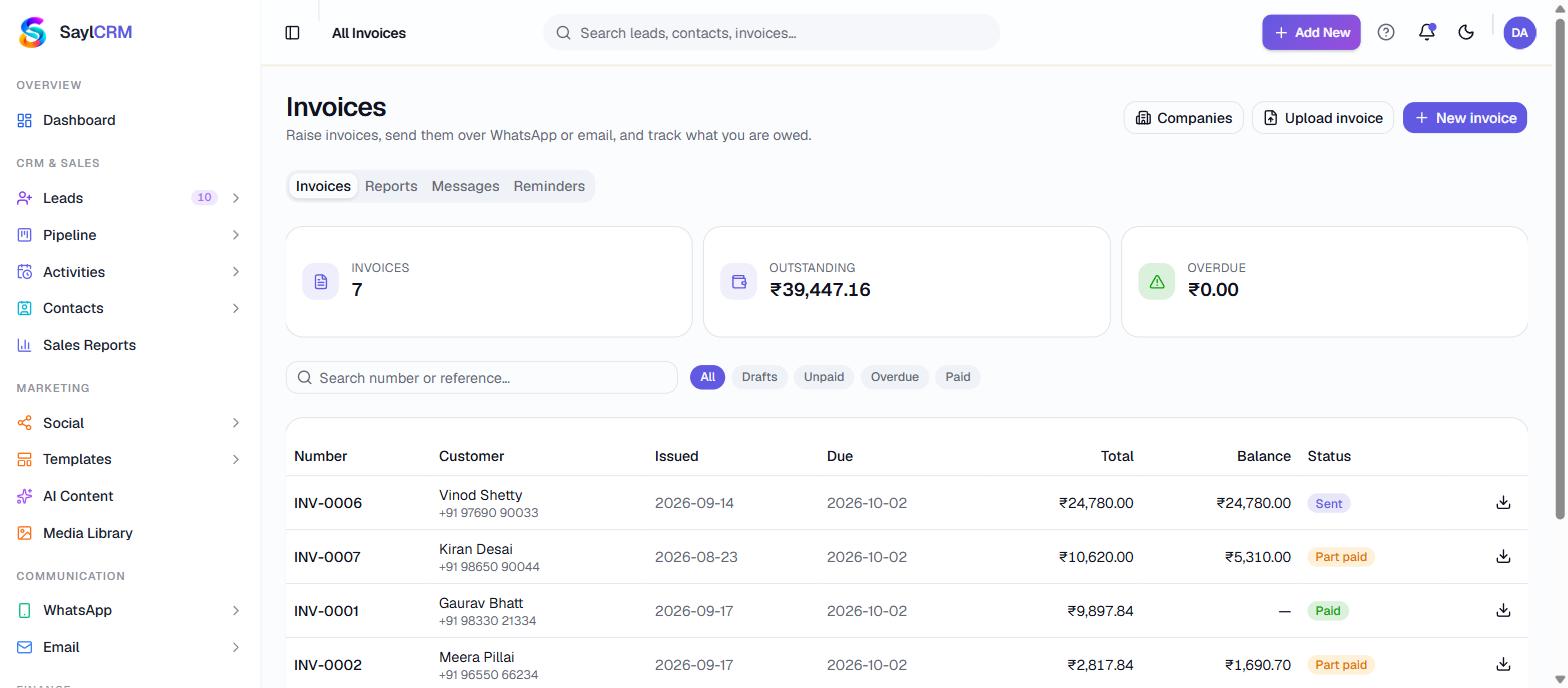 Real screenshot of Finance, GST & Accounting in the Sayl product, from the public demo workspace