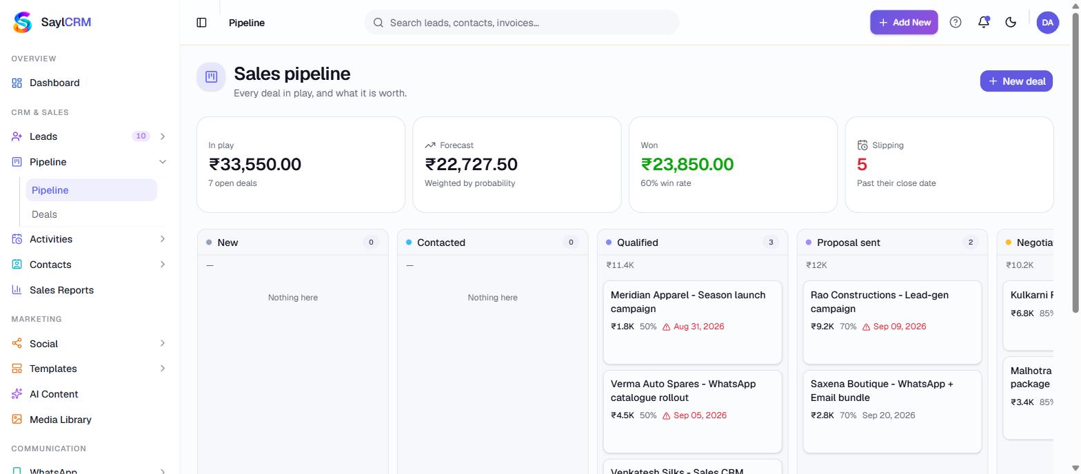 Real screenshot of Sales Pipeline, Quotes & Invoices in the Sayl product, from the public demo workspace