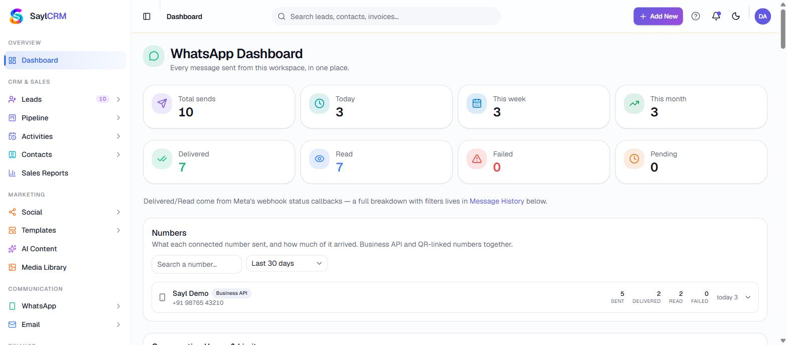 Real screenshot of WhatsApp Business in the Sayl product, from the public demo workspace