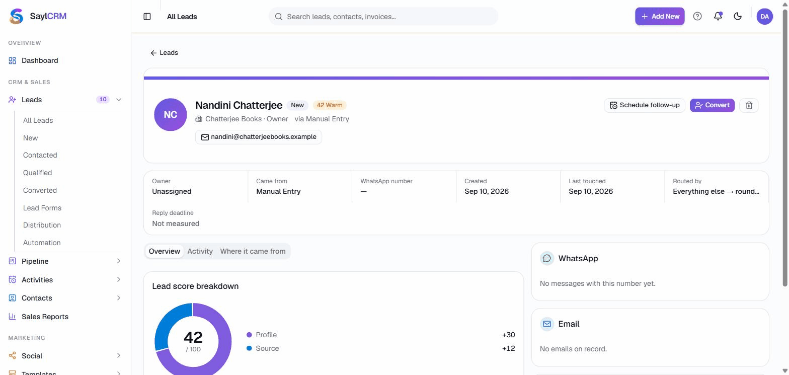 Real walkthrough of Leads in the Sayl product